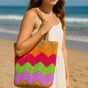 Colorful Handwoven Beach Tote Bag – Zigzag Crochet Shoulder Bag – Summer Straw Purse – Eco-Friendly Raffia Bag
