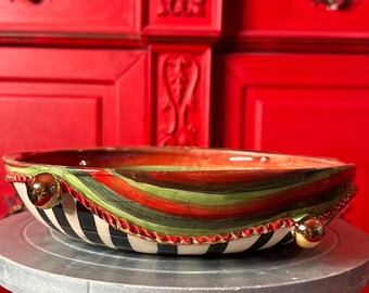 Handcrafted Ceramic Serving Bowl, Colorful Art with Gold Accents