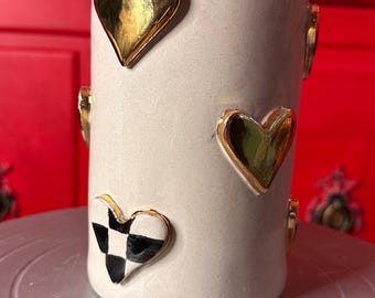 Handmade Ceramic Vase with Gold Hearts – Modern Sculptural Home Decor Piece