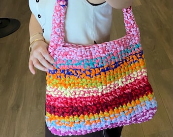Handmade Rainbow Crochet Shoulder Bag | T-Shirt Yarn Tote, Boho Knit Purse