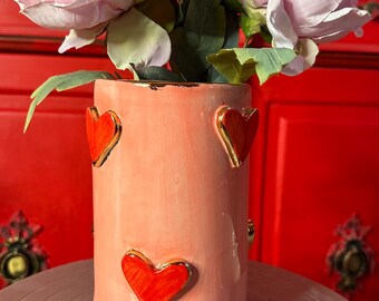 Handmade Pink Ceramic Vase, Gold Heart Accents, Romantic Decor