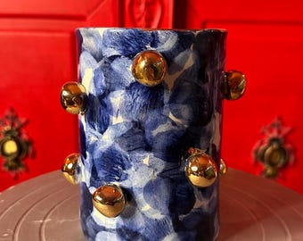 Handmade Blue Ceramic Vase – Gold Sphere Accents, Modern Home Decor