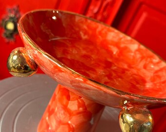 Handmade Ceramic Pedestal Bowl – Gold Accent Serving Piece