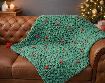 Handmade Puffy Yarn Christmas Throw Blanket with Red Heart  Pom Pom Details Cozy Chenille TV Blanket Holiday Sofa Decor