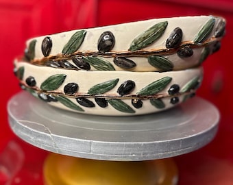 Handcrafted Ceramic Serving Bowl, Olive Branch Design, Gold Detail