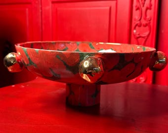 Handcrafted Red Ceramic Pedestal Bowl, Gold Accent Decor