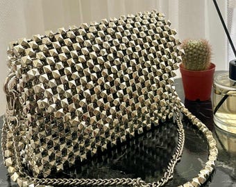 Handmade Metallic Stud Beaded Bag – Bold Statement Evening Purse with Chain Strap