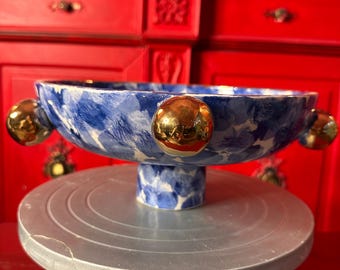 Handmade Ceramic Pedestal Bowl with Gold Details  Modern Art Serving Bowl