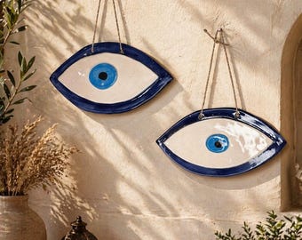 Handmade Ceramic Evil Eye Wall Decor Set, Boho Turkish Nazar Hanging Ornament
