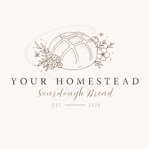 May include: A logo for "Your Homestead Sourdough Bread" with a detailed illustration of a loaf of bread with a scored top, surrounded by floral elements. The text "EST. 2025" is also included.