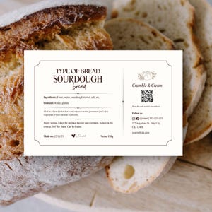 May include: A sourdough loaf with a label stating "Type of Bread Sourdough bread." The label includes ingredients, a QR code, and "Crumble & Cream." The bread is surrounded by slices of bread. Net weight is 110g.