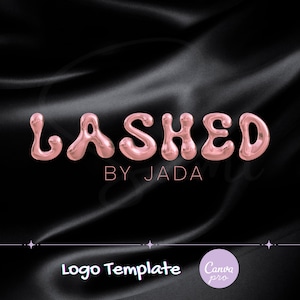 May include: A logo template with the word "LASHED" in a rose gold, bubble-style font, with "BY JADA" beneath it. The background is black with a silky texture. The words "Logo Template" and "Canva pro" are at the bottom.