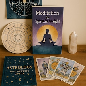May include: An assortment of spiritual and astrological items, including a book titled "Meditation for Spiritual Insight", a book titled "Astrology: The Complete Guide", tarot cards, and decorative zodiac signs. A clear quartz crystal and the word "PuraFika" are also visible.