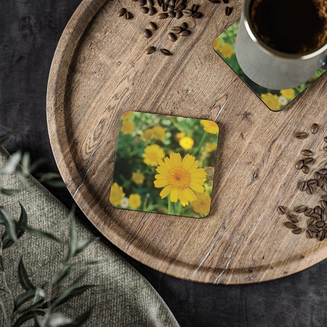 Yellow Daisy Floral Coasters | Round & Rectangle Cork Drink Coaster - Etsy