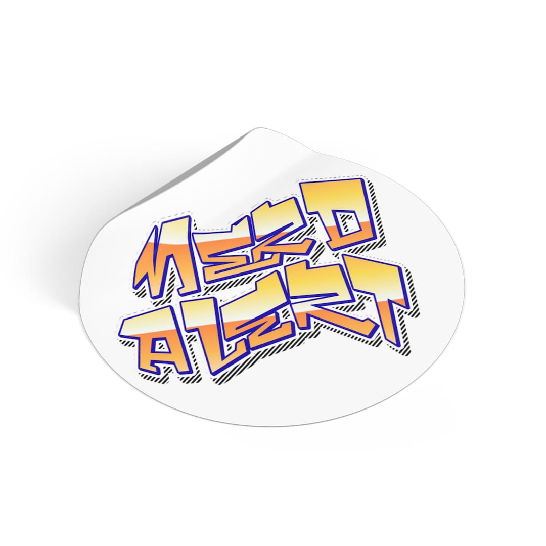 Nerd Alert Graffiti Font Round Vinyl Sticker | Retro Yellow Orange Blue ...