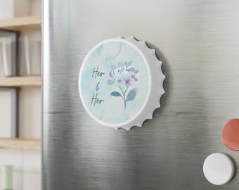 Her & Her Floral Design Bottle Opener With Fridge Magnet Pastel Gift For Gay Wedding Party Favor