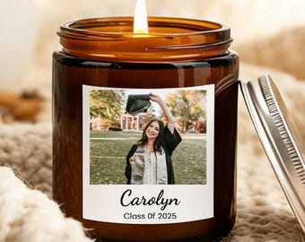 Bougie photo de remise de diplôme personnalisée, cadeau de remise de diplôme personnalisé pour elle et lui, bougie parfumée à la cire de soja prénom personnalisé, cadeau promotion 2026