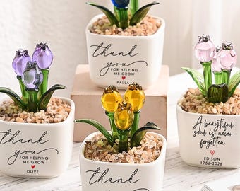 Personalisierter Buntglas-Blumentopf, danke, dass Sie mir geholfen haben, Geschenk zu wachsen, kundenspezifisches Lehreranerkennungsgeschenk für Sie, Schreibtischdekor