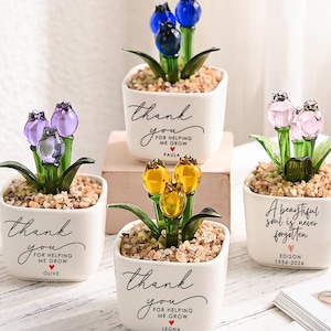 Personalized Stained Glass Flower Pot, Thank You for Helping Me Grow Gift, Custom Teacher Appreciation Gift, Memorial Desk Decor