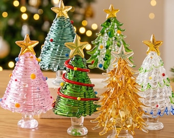 Figurine de sapin de Noël miniature en verre soufflé à la main, cadeau de Noël unique, sapins de Noël en vitrail, décoration de table pour les fêtes, Noël 2026