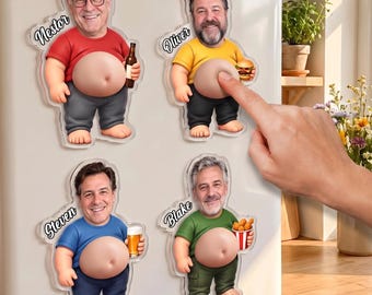 Personalized Dad Photo Fridge Magnet, Funny Gift for Dad Husband Grandpa, Custom Face Squishy Belly Magnet, Christmas Gift