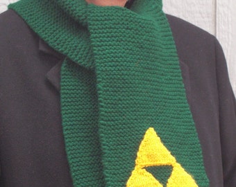 Legend of Zelda Inspired Green Hand Knitted Link Scarf with Triforce