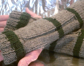 Hand Knitted Gray and Green Wrist Warmers