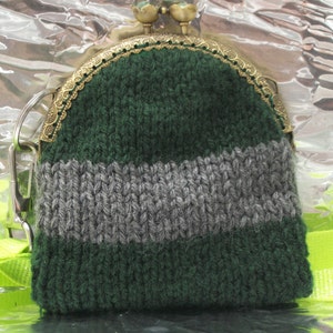 Hand Knitted  Gray and Green Coin Purse