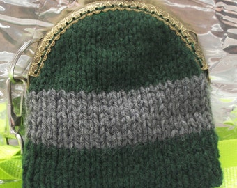 Hand Knitted  Gray and Green Coin Purse