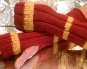 Red and Gold Hand Knitted Wrist Warmers