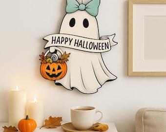 Ghost Door Sign: Spooky Wooden Hanging Sign with Bow