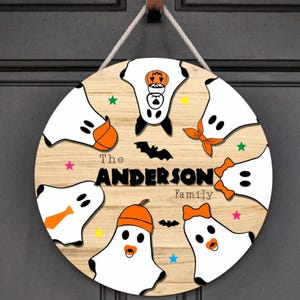 Personalized Family Ghost Halloween Door Hanger: &#39;Hey Boo&#39; Porch Sign
