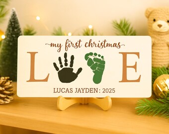 Recuerdo de la primera Navidad del bebé, Huellas navideñas para bebés, Arte de huellas DIY, Manualidad navideña con huellas DIY, Señal para los dedos de los pies para mi primera Navidad
