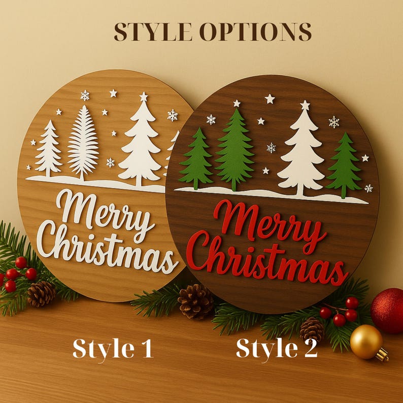 Tree Round Sign Rustic Merry Christmas Tree Round Sign, Red Green Forest Christmas Door ...