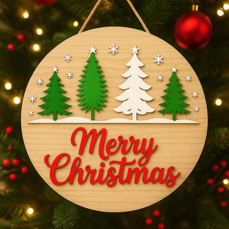 Tree Round Sign Rustic Merry Christmas Tree Round Sign, Red Green Forest Christmas Door ...