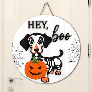 Hey Boo Ghost Wreath Front Porch Sign, Rustic Halloween Wooden Door Hanger, Spooky Fall Wall Hanging Holiday Home Decor