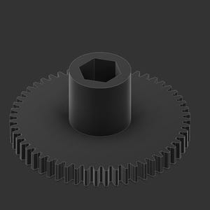 Puede incluir: Un engranaje gris oscuro con un orificio hexagonal central y un borde exterior dentado. Este componente mecánico se utiliza probablemente en maquinaria o ingeniería. El diseño es sencillo y moderno. El diámetro del engranaje es de unos 5 cm.