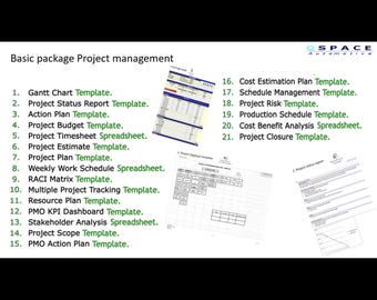 May include: A project management package with a list of 21 templates, including Gantt chart, project status report, action plan, and budget templates. The image also includes a logo for "SPACE Automotive".
