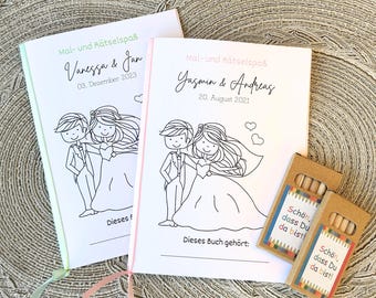 Hochzeit Malbuch personalisiert Rätselbuch für Kinder 24 Seiten / Hochzeitsmalbuch / Set mit oder ohne Stifte / Namen des Brautpaares