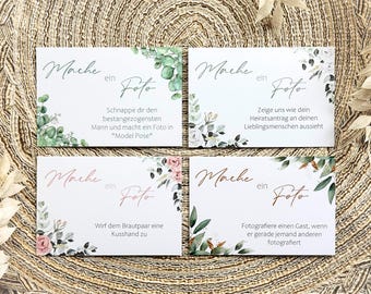 Fotoaufgaben Hochzeit, Fotospiel für Gäste, auch ohne Fotobox, Rosa Eukalyptus Gold Deko