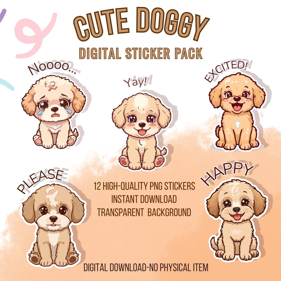 Cute Dog Sticker Pack PNG | 12 Kawaii Puppy Reaction Stickers | Digital ...