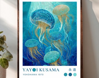 Lámina de medusas de Yayoi Kusama – Arte oceánico japonés, decoración marina turquesa (descarga digital)