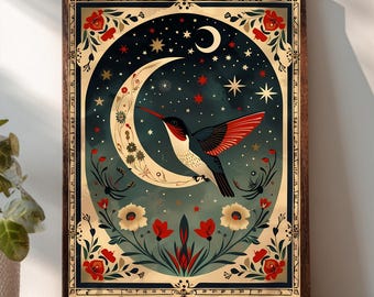 Mexican Folk Art Hummingbird Print, Mexican Wall Art, Rustic Wall Decor, Modern Bird Art Poster