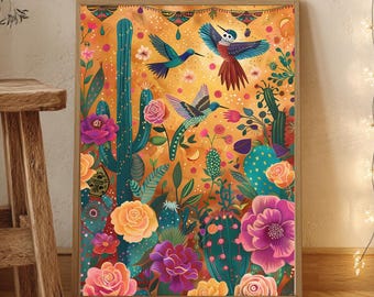 Mexican Folk Art Hummingbird Print, Boho Floral Wall Art, Colorful Marigold Decor | Digital Download