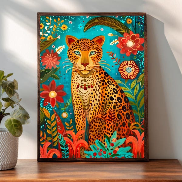 Mexican Folk Art Jaguar Print, Floral Mexican Wall Art, Botanical Boho Wall Art, Mexican Decor