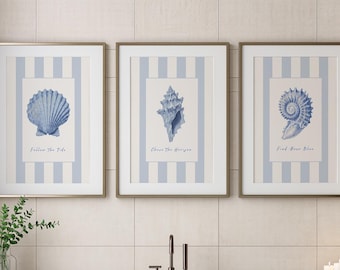 Juego de 3 láminas decorativas de conchas marinas azules, arte mural costero, decoración para casas de playa, láminas náuticas de conchas.