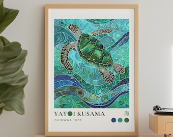 Impressão de Yayoi Kusama, pôster de tartaruga marinha, arte japonesa inspirada no oceano, download digital.