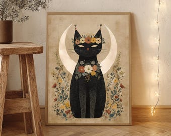 Folk Art Black Cat Print – Cottagecore Moon, Botanical Cat (Digital Download)