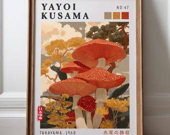 Yayoi Kusama Mushroom Poster, Japanese Botanical Wall Art, Modern Nature Art Decor, Exhibition Poster