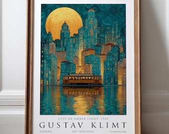 Gustav Klimt City Print, Art Nouveau Wall Art, Teal Gold Exhibition Poster, Maximalist Cityscape Decor (Digital Download)